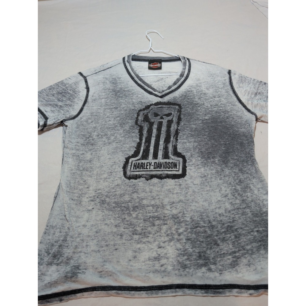Harley-Davidson Women's XL V-Neck Shirt Acid Wash Gray Skull No. 1 Graphic Tee